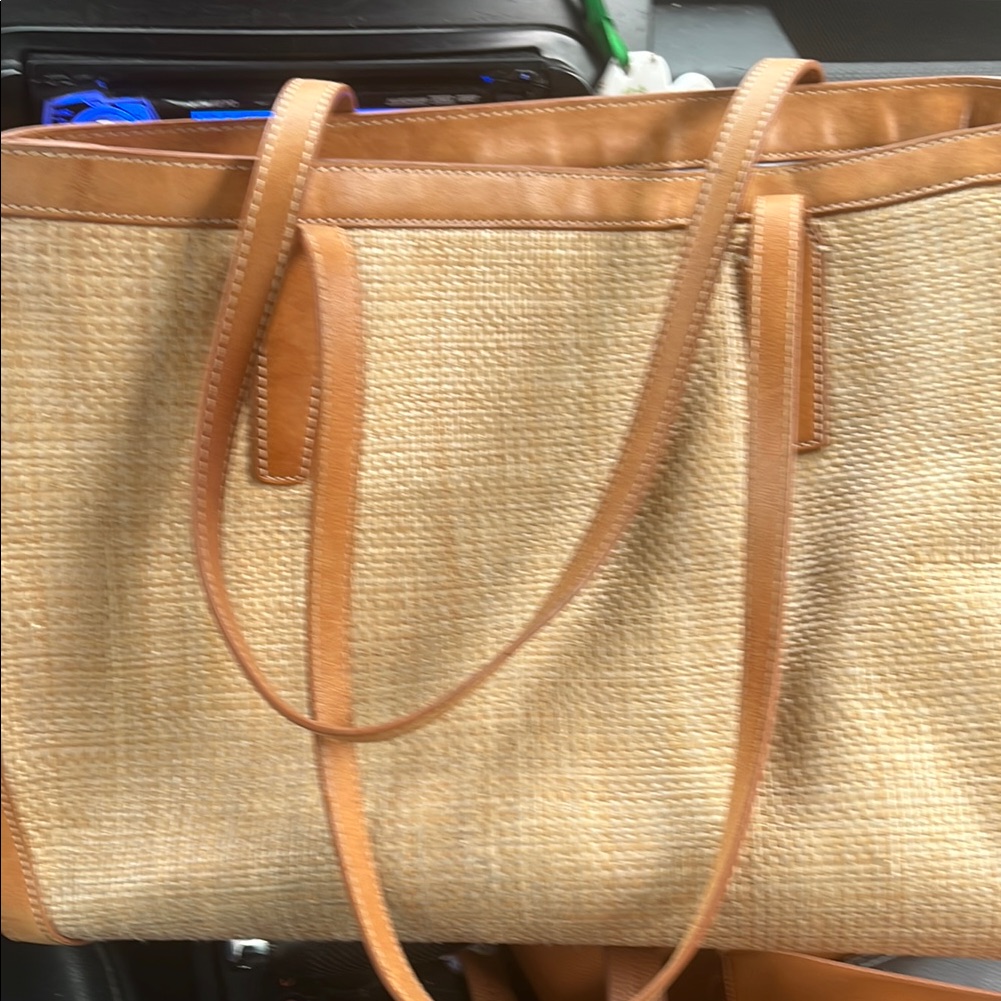 Tan And Brown Woven Tote With Leather Straps
